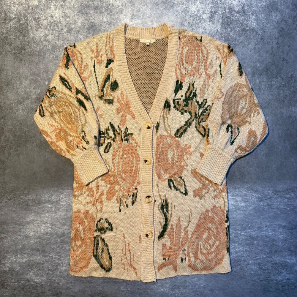 Gimmicks by BKE Floral Knit Cardigan Sweater Womens Medium Tan Rose Cottagecore